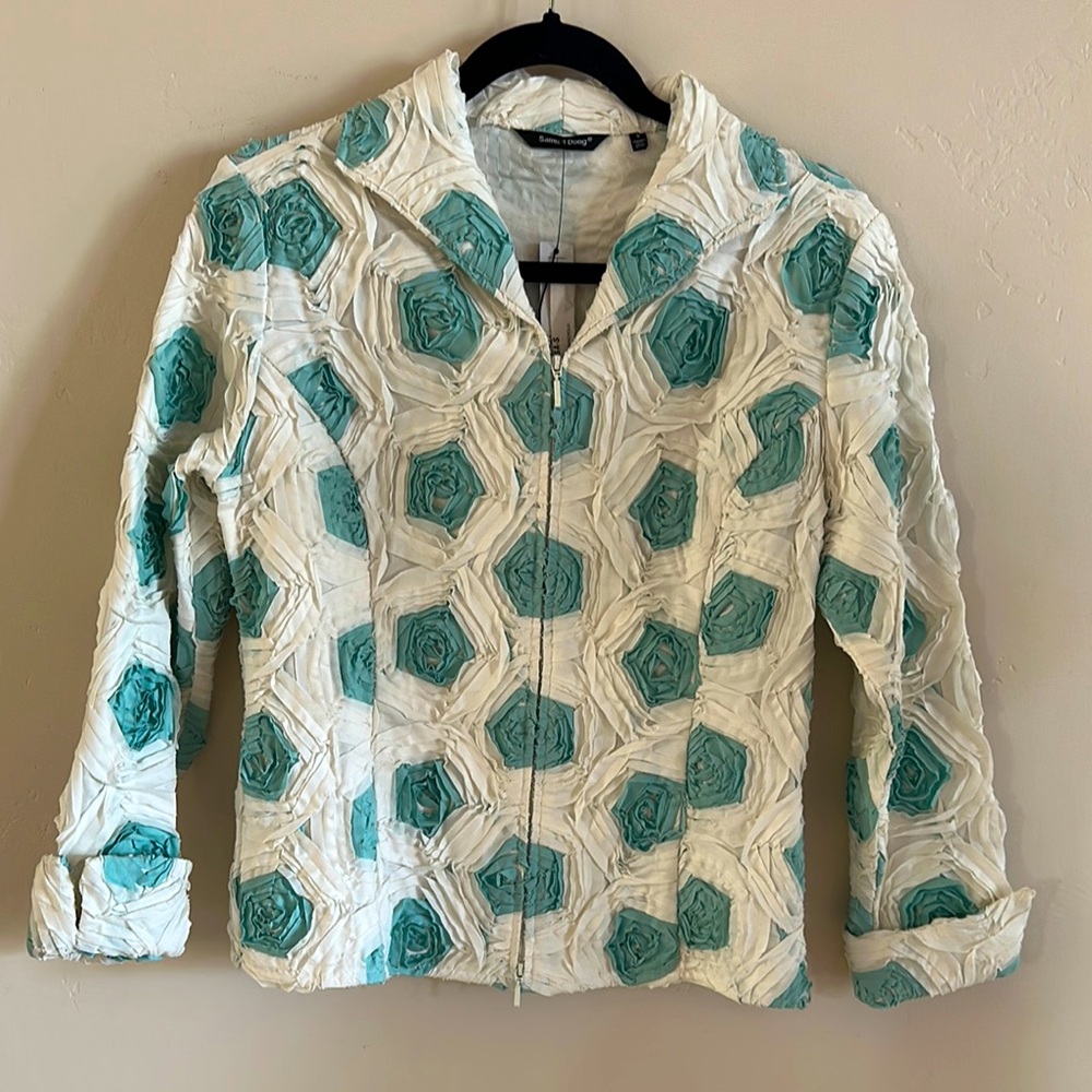 Samuel Dong Cream and Teal Quilted Jacket